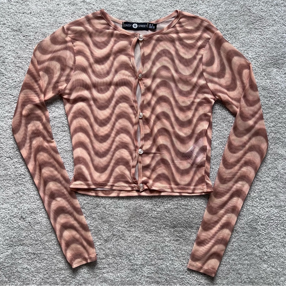 Daisy Street DollsKill Brown Wave Print Mesh Sheer Top